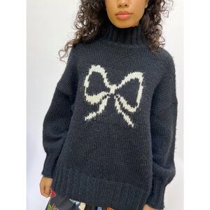 Lisa Says Gah Cece Turtleneck Sweater Size M/L Black Ink Bow Knit Oversized Cozy